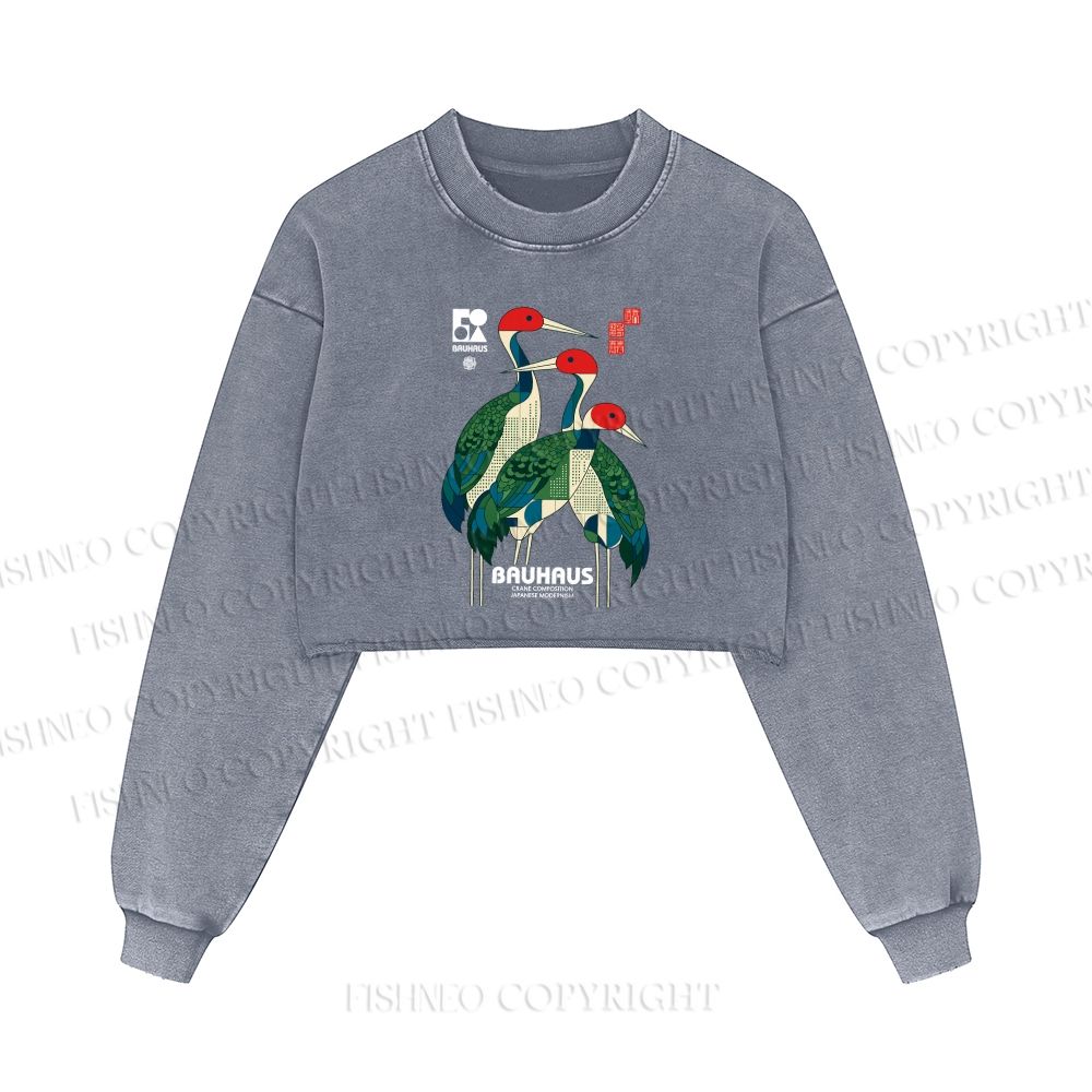 Bauhaus Japanese Crane Printed Washed Crop Sweatshirt
