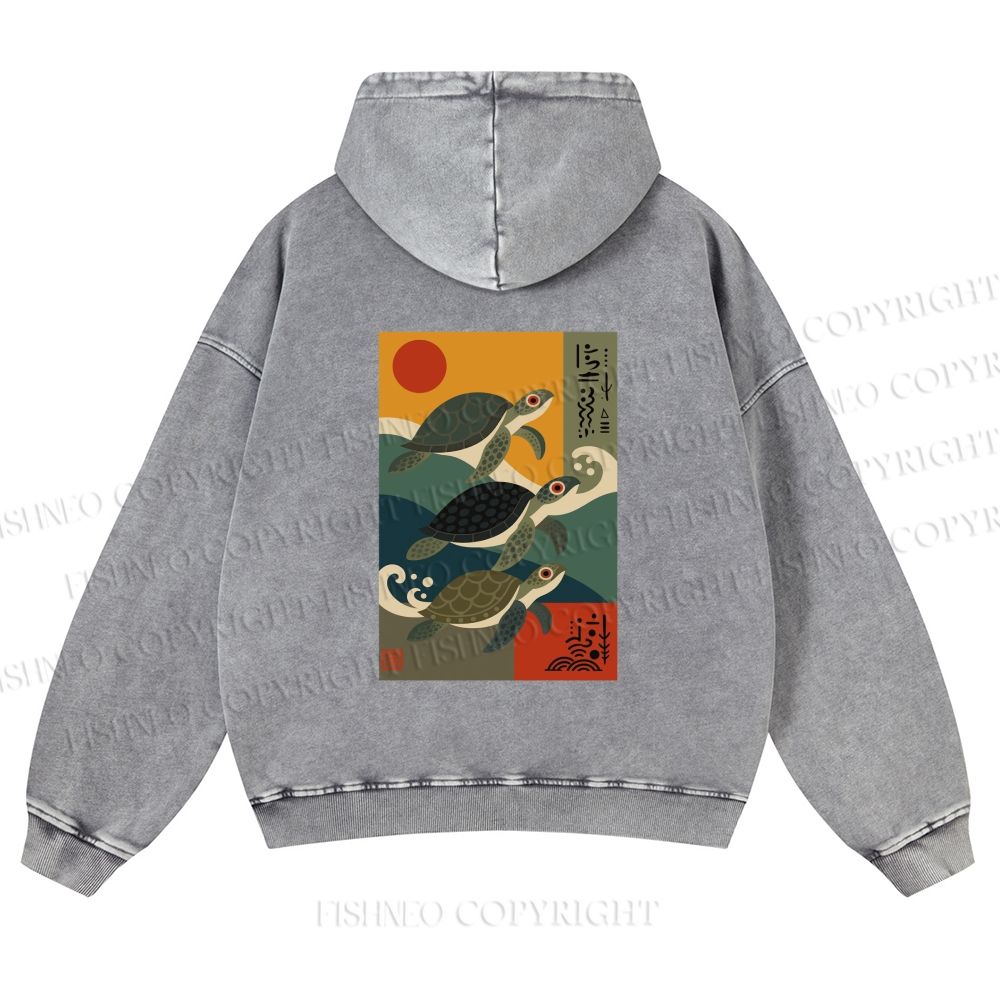 Unisex Sunrise Sea Turtles Printed washed hoodie