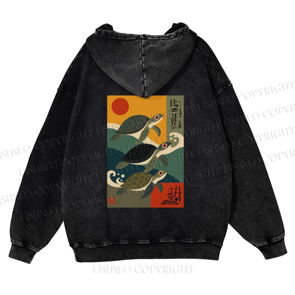 Unisex Sunrise Sea Turtles Printed washed hoodie