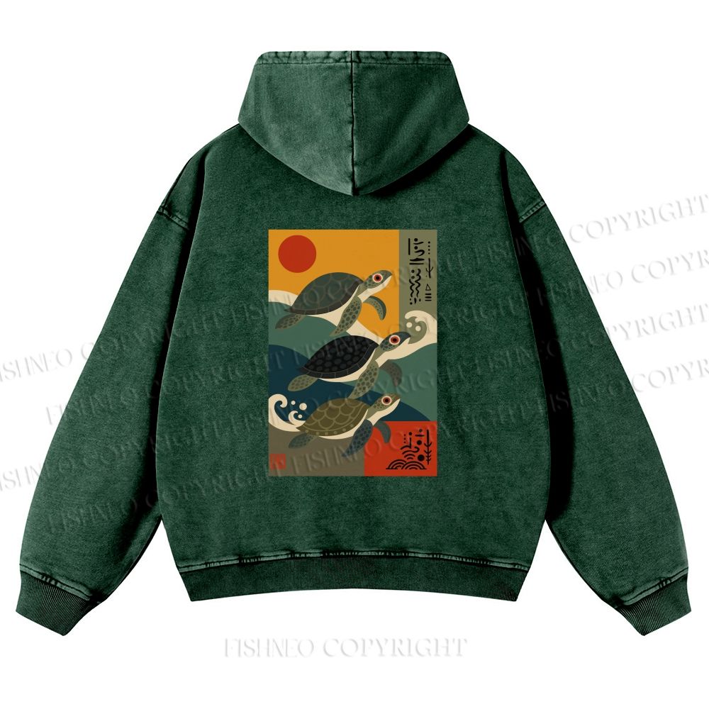Unisex Sunrise Sea Turtles Printed washed hoodie