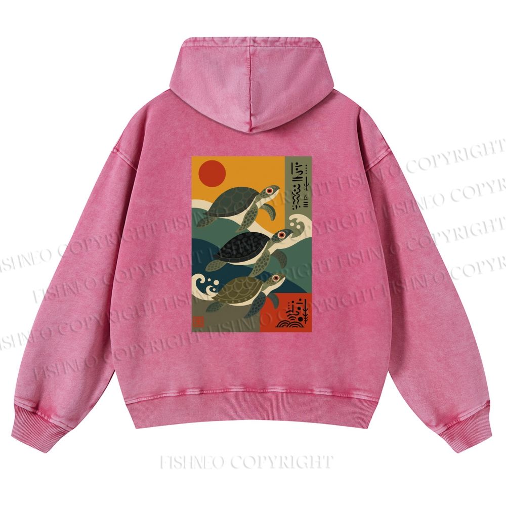 Unisex Sunrise Sea Turtles Printed washed hoodie