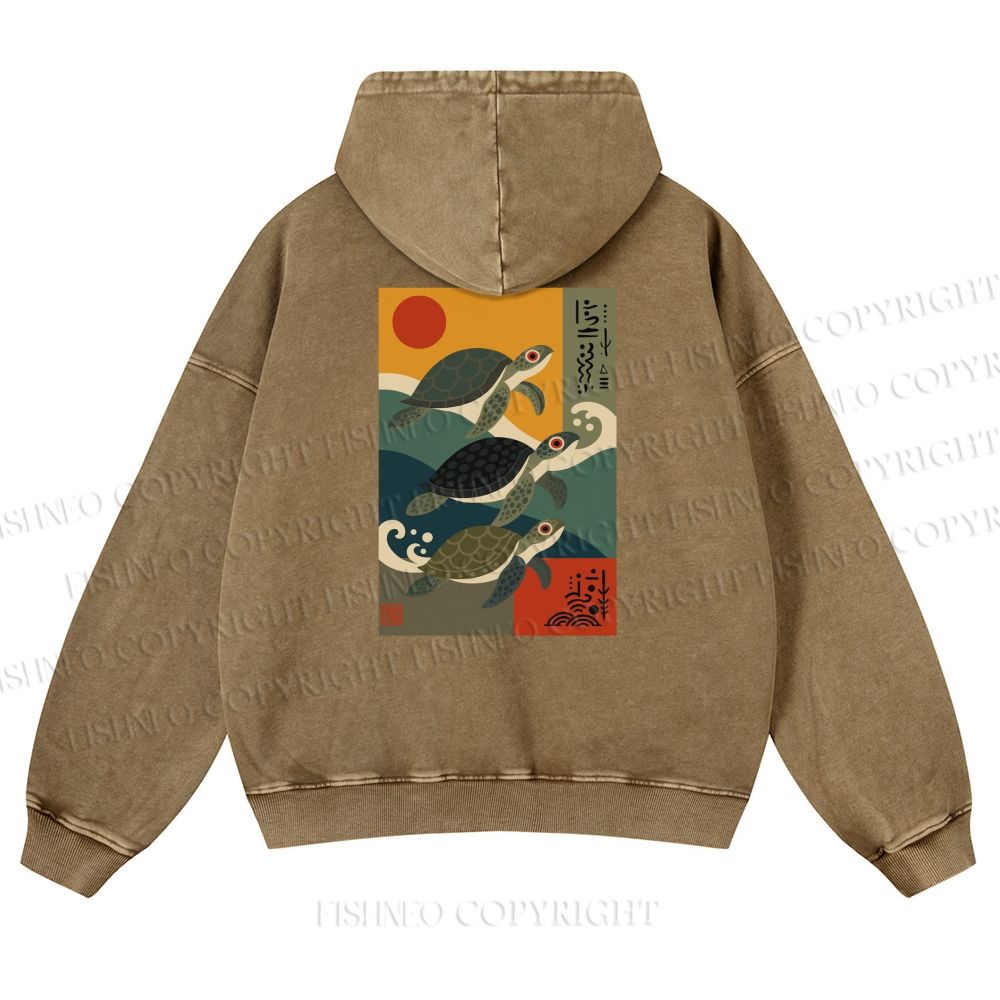 Unisex Sunrise Sea Turtles Printed washed hoodie