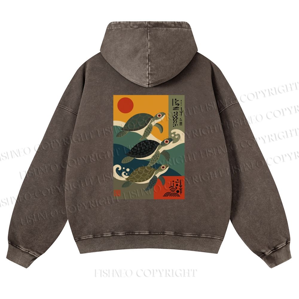 Unisex Sunrise Sea Turtles Printed washed hoodie