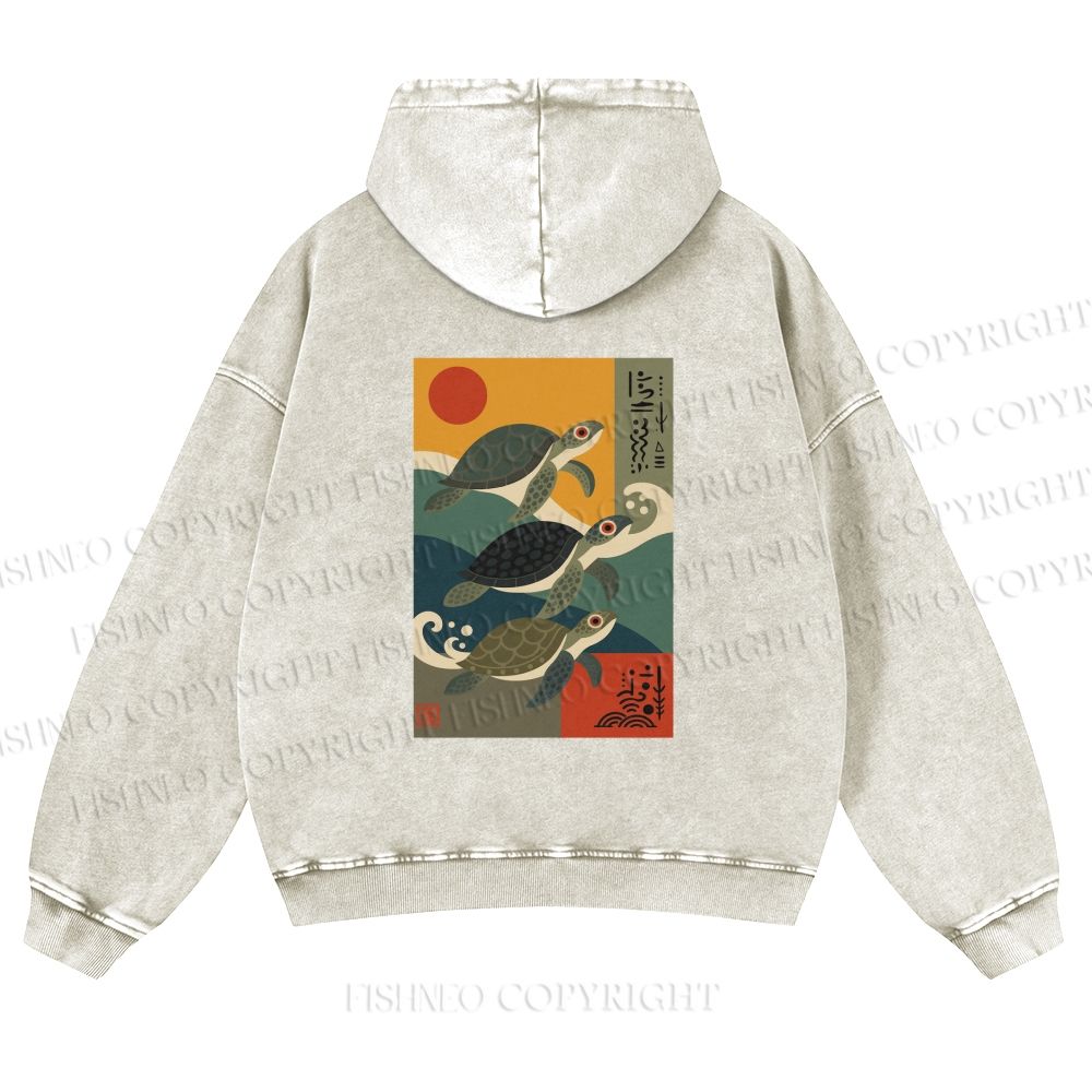 Unisex Sunrise Sea Turtles Printed washed hoodie