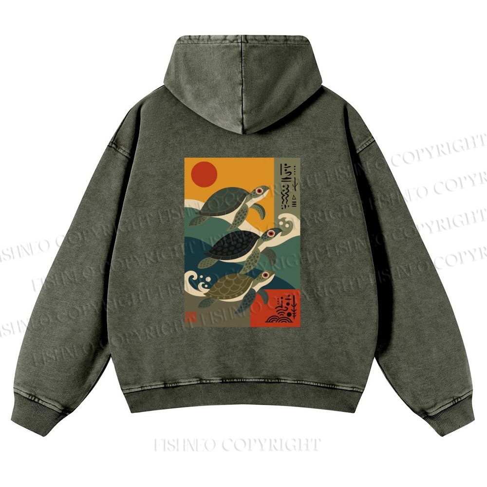 Unisex Sunrise Sea Turtles Printed washed hoodie