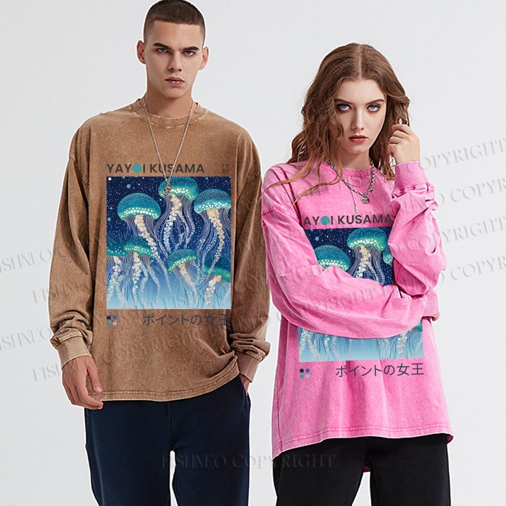 Unisex Yayoi Kusama Jellyfish Casual Washed Printed Long Sleeve T-shirt