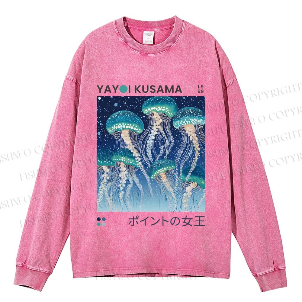 Unisex Yayoi Kusama Jellyfish Casual Washed Printed Long Sleeve T-shirt