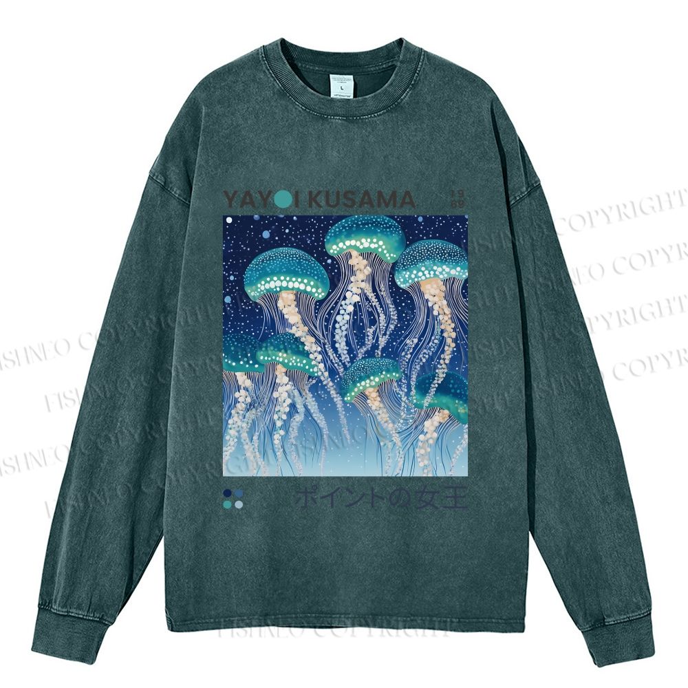 Unisex Yayoi Kusama Jellyfish Casual Washed Printed Long Sleeve T-shirt