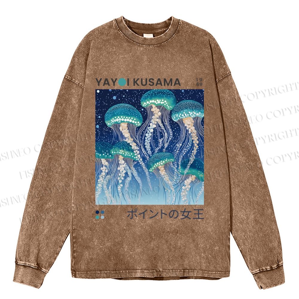 Unisex Yayoi Kusama Jellyfish Casual Washed Printed Long Sleeve T-shirt