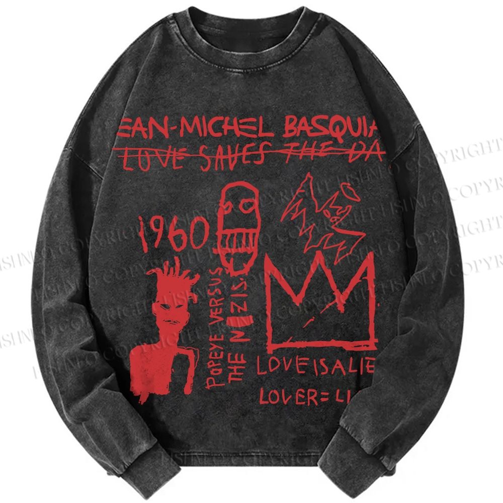 Unisex Casual Washed Jean-Michel Basquiat Graffiti Printed Long Sleeve T-shirt