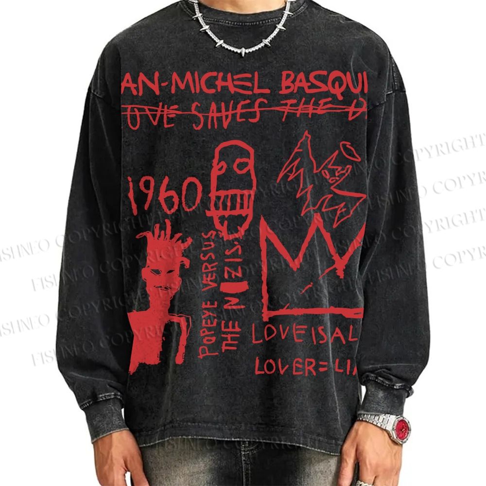 Unisex Casual Washed Jean-Michel Basquiat Graffiti Printed Long Sleeve T-shirt