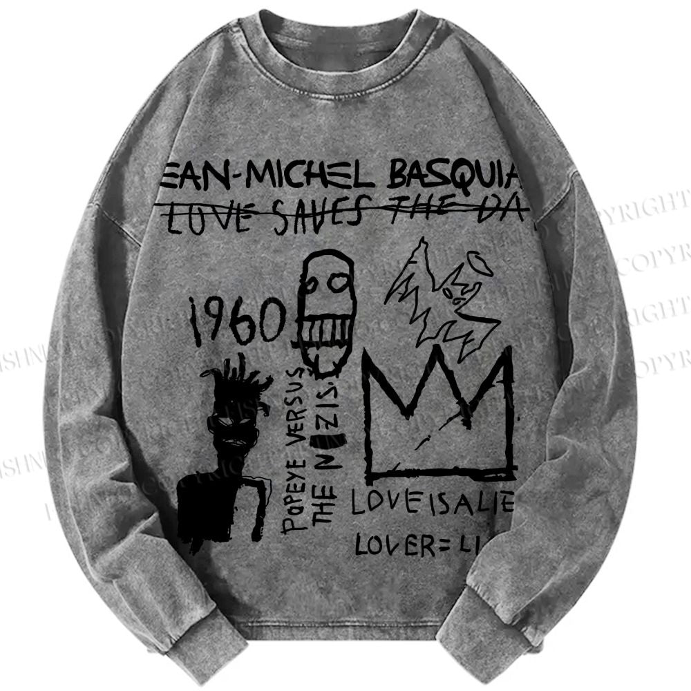 Unisex Casual Washed Jean-Michel Basquiat Graffiti Printed Long Sleeve T-shirt