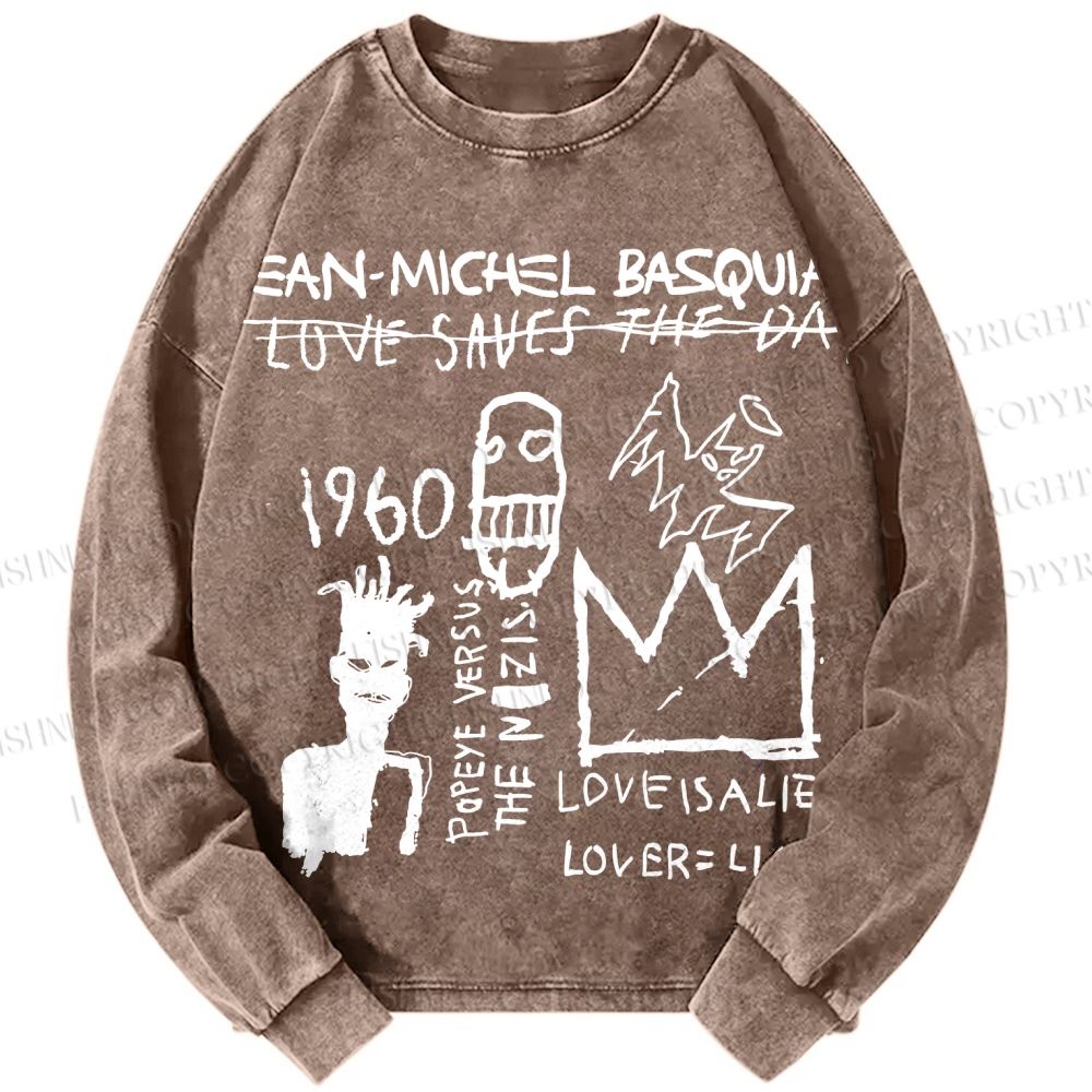 Unisex Casual Washed Jean-Michel Basquiat Graffiti Printed Long Sleeve T-shirt