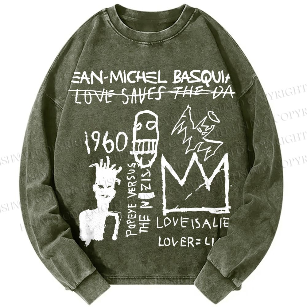 Unisex Casual Washed Jean-Michel Basquiat Graffiti Printed Long Sleeve T-shirt