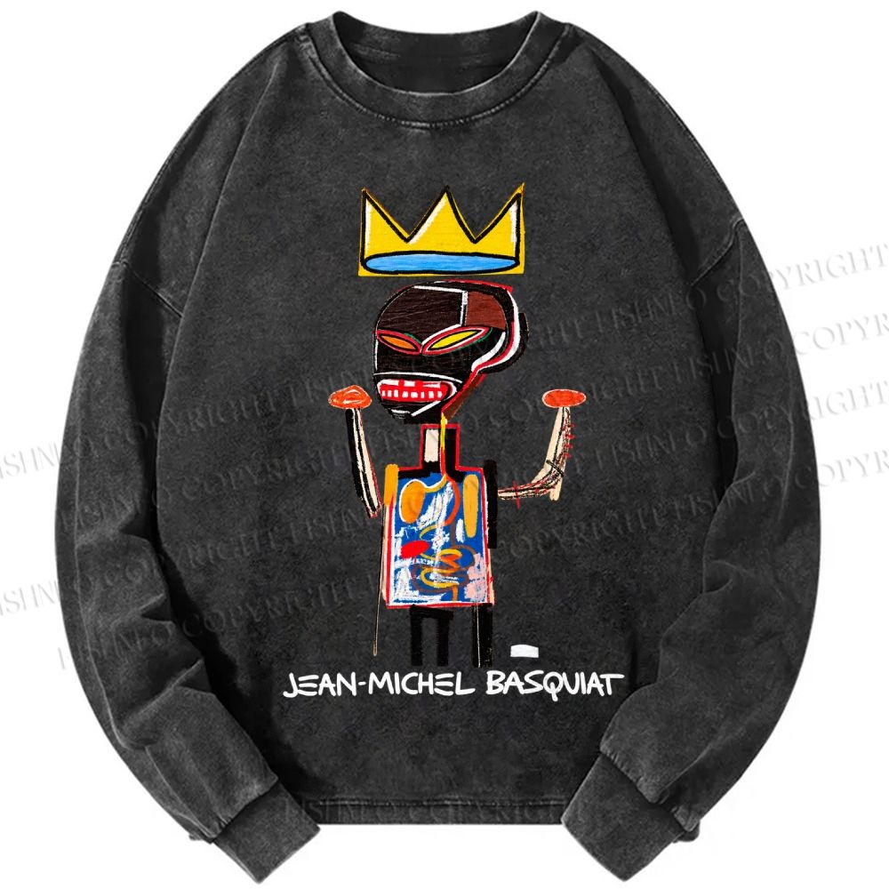 Unisex Casual Washed Jean-Michel Basquiat Printed Long Sleeve T-shirt
