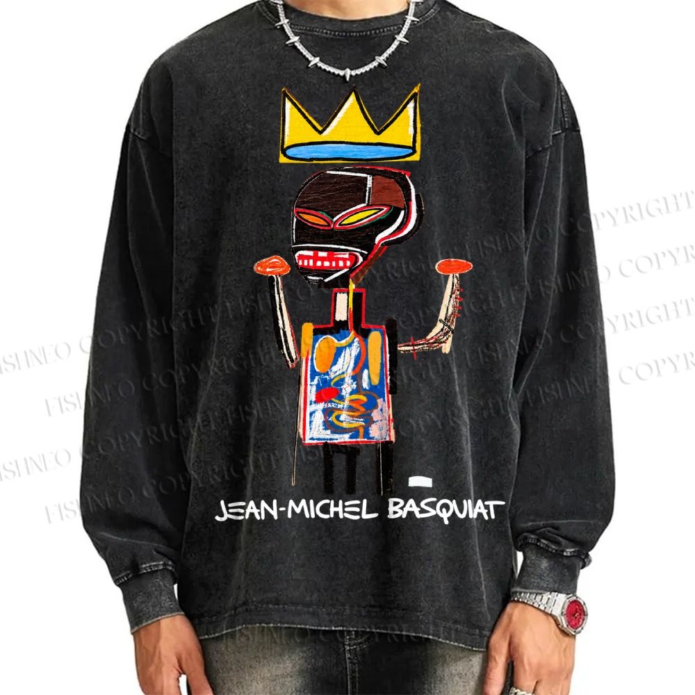 Unisex Casual Washed Jean-Michel Basquiat Printed Long Sleeve T-shirt