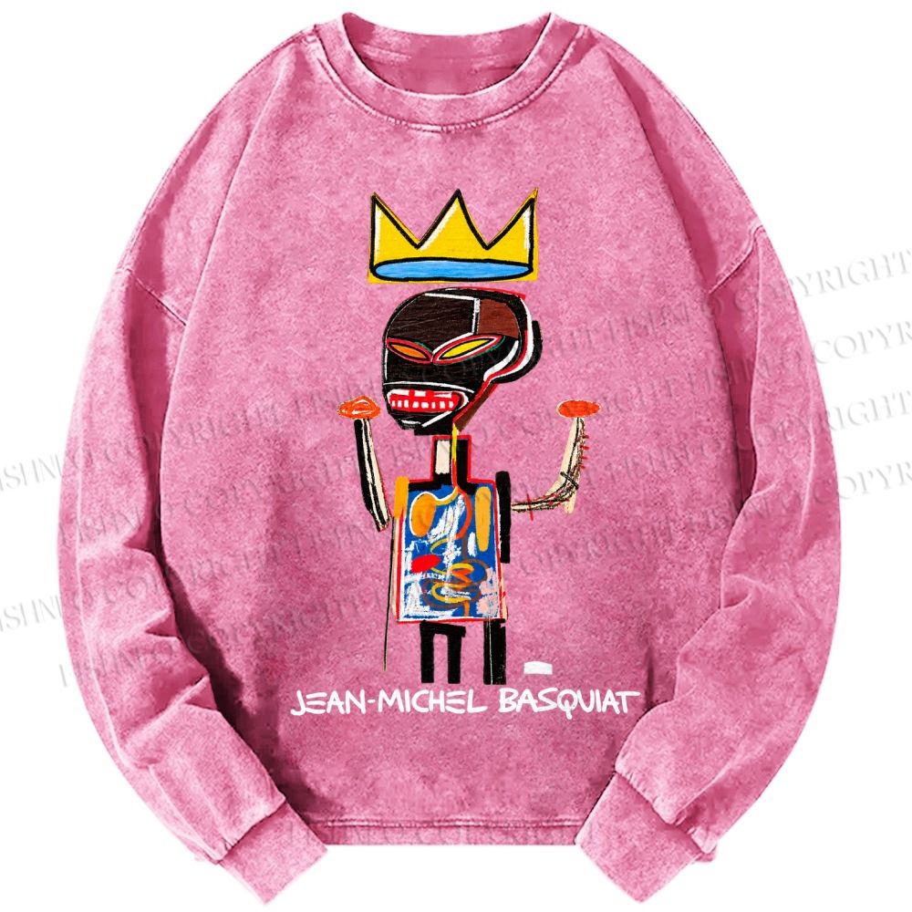 Unisex Casual Washed Jean-Michel Basquiat Printed Long Sleeve T-shirt