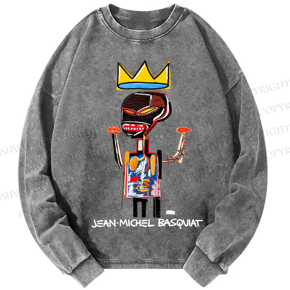 Unisex Casual Washed Jean-Michel Basquiat Printed Long Sleeve T-shirt
