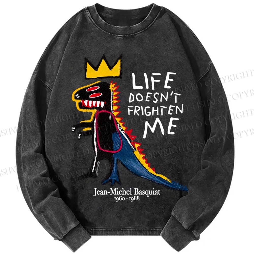 Unisex Casual Washed Jean-Michel Basquiat Life Doesn't Frighten Me Printed Long Sleeve T-shirt