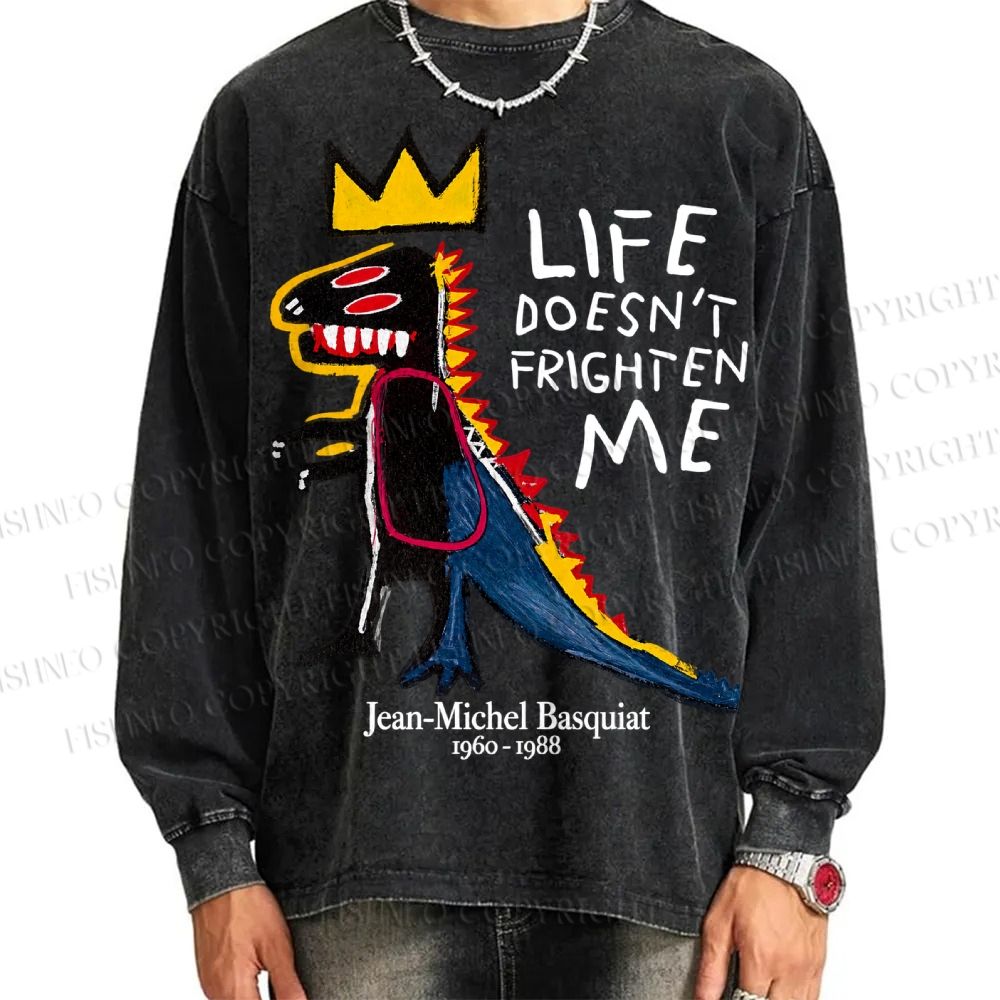 Unisex Casual Washed Jean-Michel Basquiat Life Doesn't Frighten Me Printed Long Sleeve T-shirt