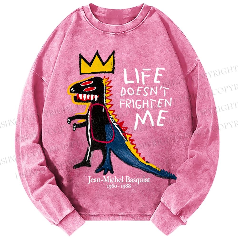 Unisex Casual Washed Jean-Michel Basquiat Life Doesn't Frighten Me Printed Long Sleeve T-shirt