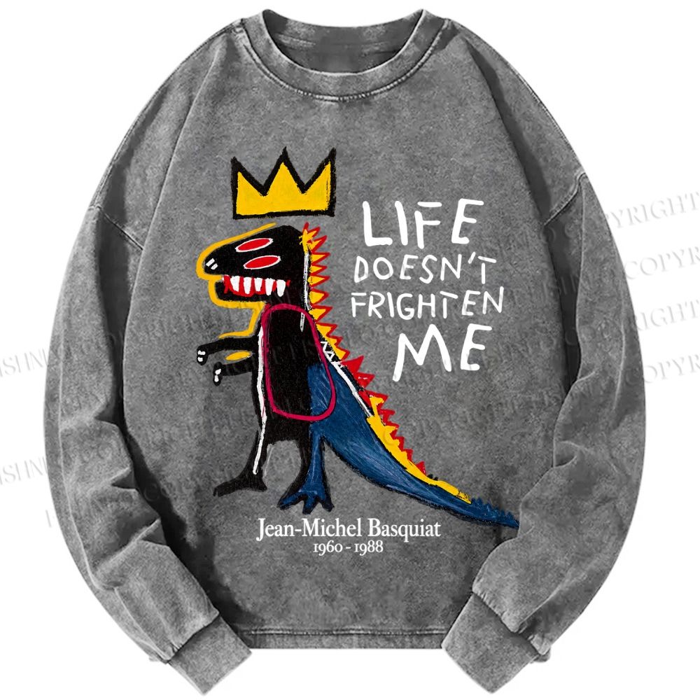 Unisex Casual Washed Jean-Michel Basquiat Life Doesn't Frighten Me Printed Long Sleeve T-shirt