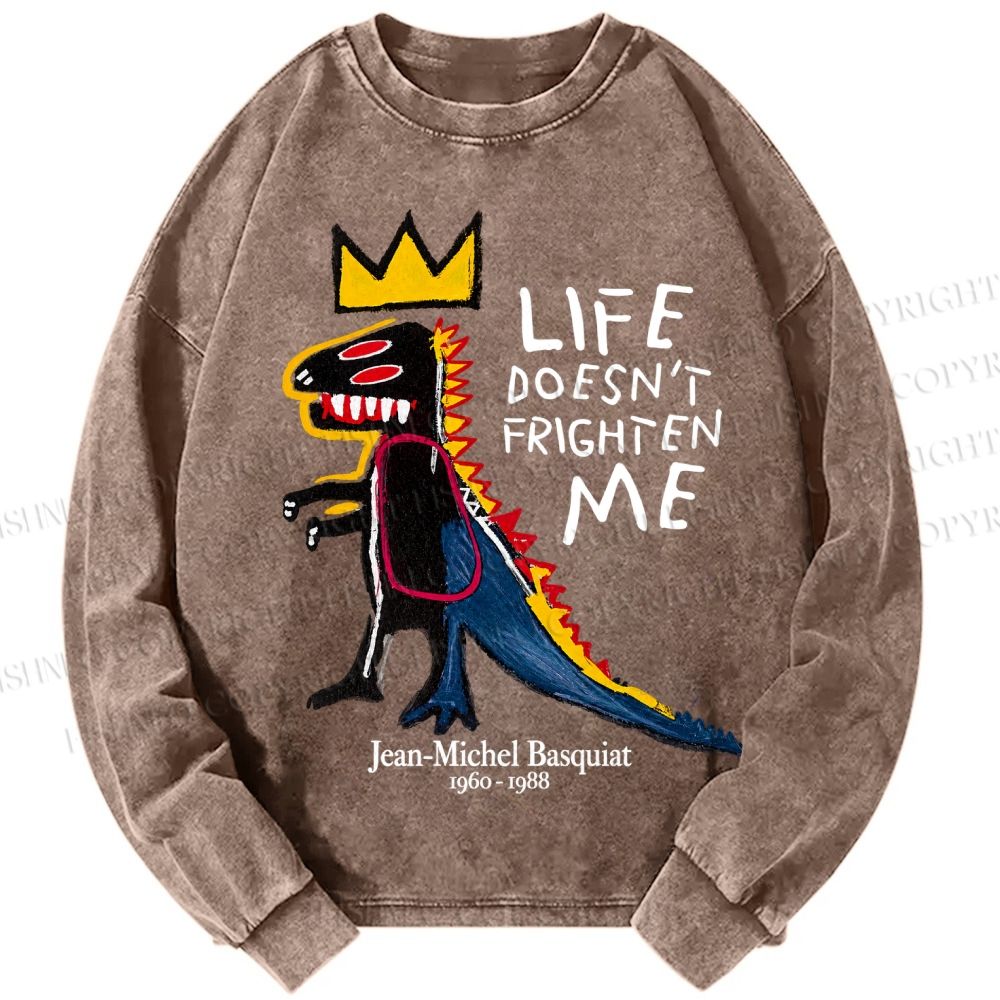 Unisex Casual Washed Jean-Michel Basquiat Life Doesn't Frighten Me Printed Long Sleeve T-shirt