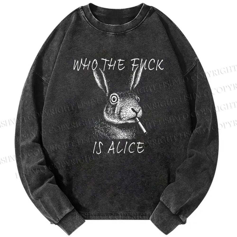 Unisex Casual Washed Who The Fck Is Alice Printed Long Sleeve T-shirt