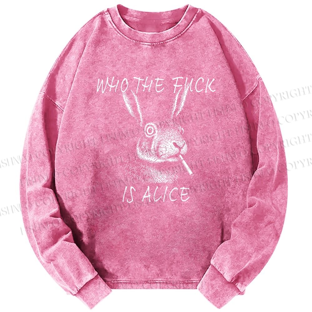 Unisex Casual Washed Who The Fck Is Alice Printed Long Sleeve T-shirt