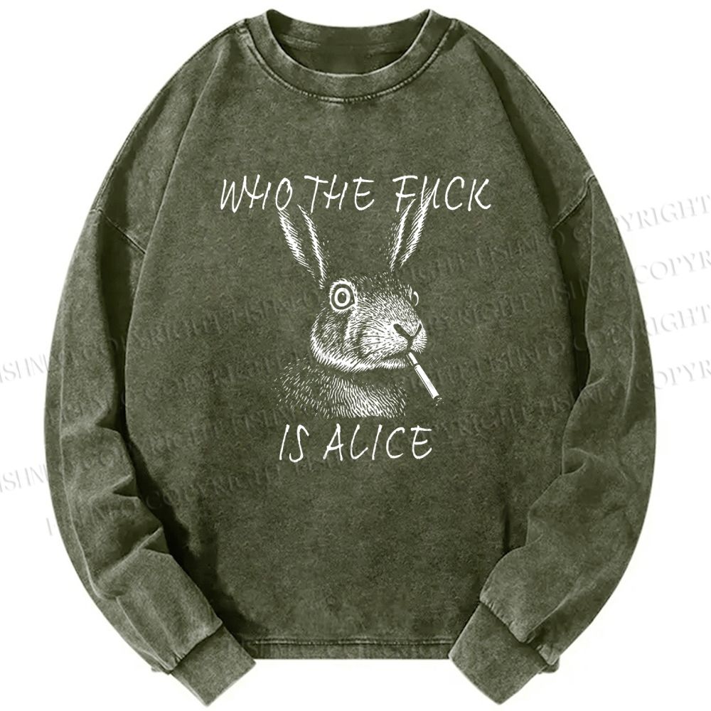 Unisex Casual Washed Who The Fck Is Alice Printed Long Sleeve T-shirt