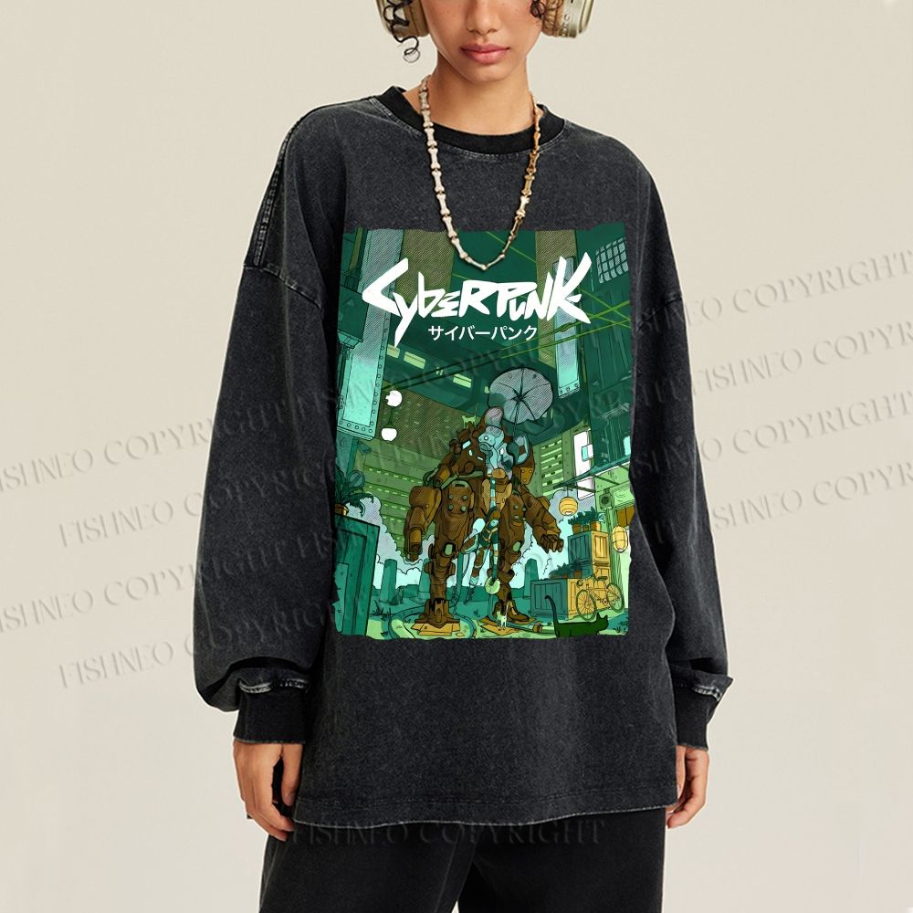 Unisex Cyberpunk: Edgerunners Casual Washed Printed Long Sleeve T-shirt