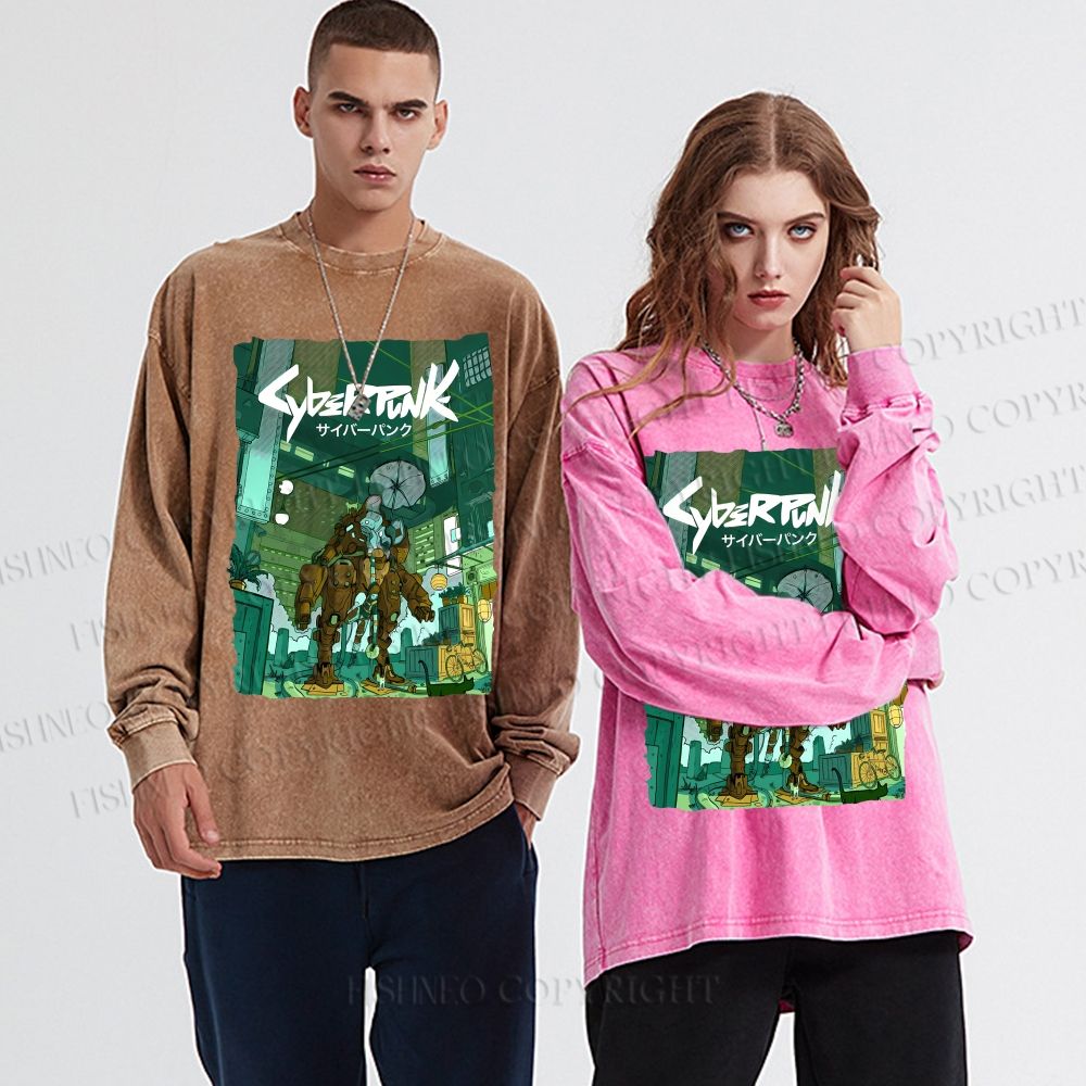 Unisex Cyberpunk: Edgerunners Casual Washed Printed Long Sleeve T-shirt