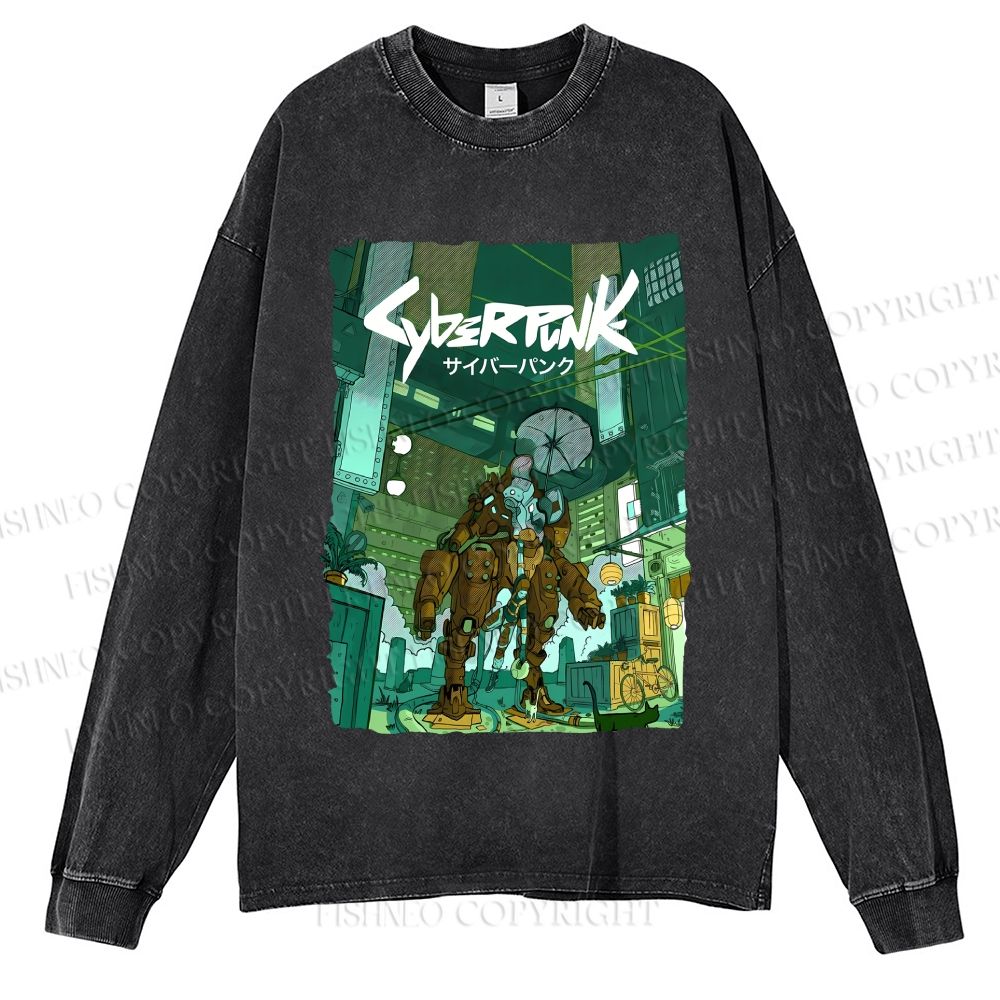 Unisex Cyberpunk: Edgerunners Casual Washed Printed Long Sleeve T-shirt