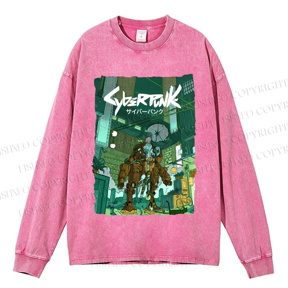 Unisex Cyberpunk: Edgerunners Casual Washed Printed Long Sleeve T-shirt