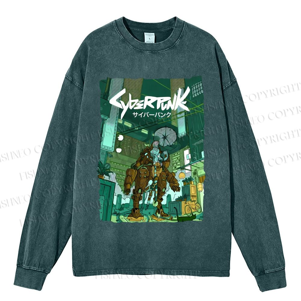 Unisex Cyberpunk: Edgerunners Casual Washed Printed Long Sleeve T-shirt