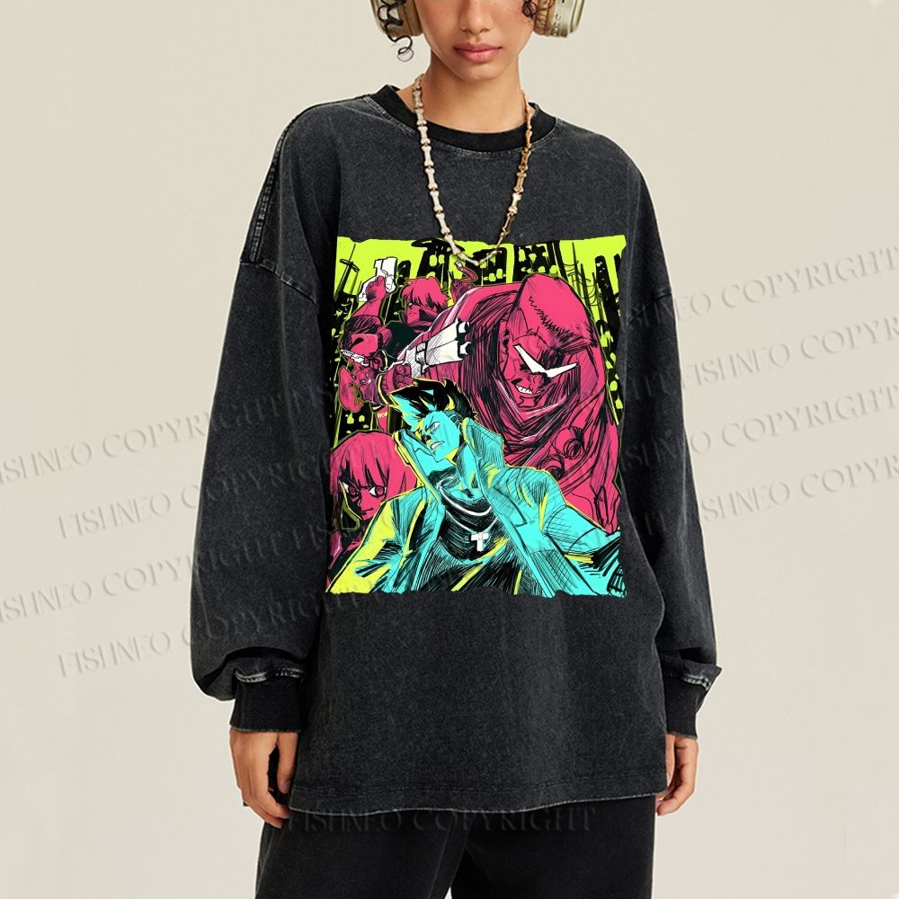 Unisex Cyberpunk: Edgerunners Casual Washed Printed Long Sleeve T-shirt