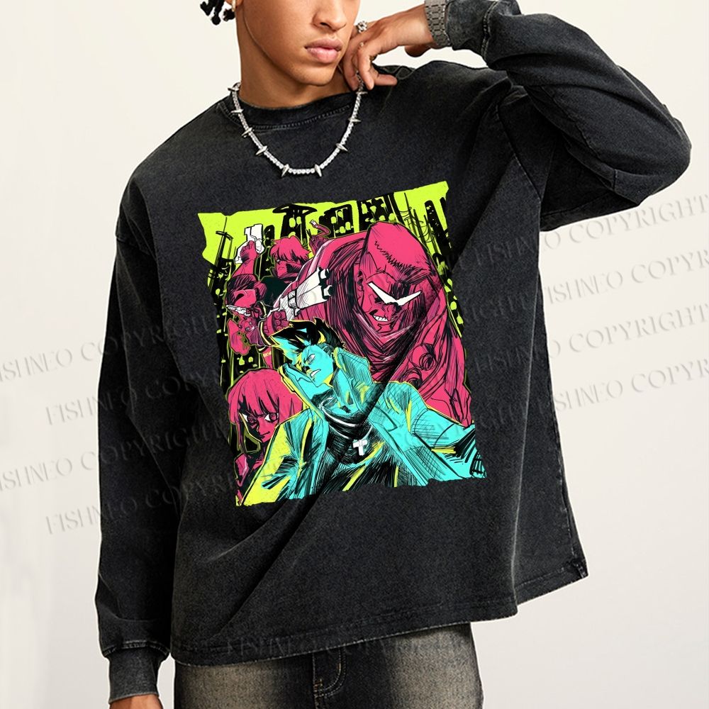 Unisex Cyberpunk: Edgerunners Casual Washed Printed Long Sleeve T-shirt