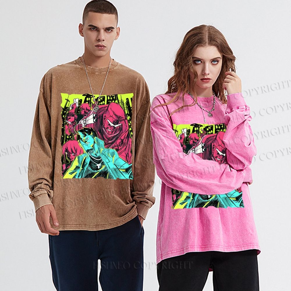 Unisex Cyberpunk: Edgerunners Casual Washed Printed Long Sleeve T-shirt