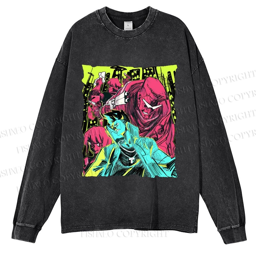 Unisex Cyberpunk: Edgerunners Casual Washed Printed Long Sleeve T-shirt