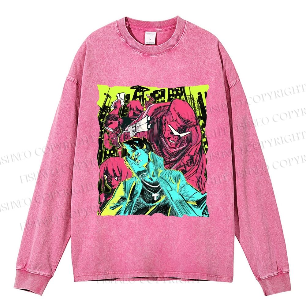 Unisex Cyberpunk: Edgerunners Casual Washed Printed Long Sleeve T-shirt