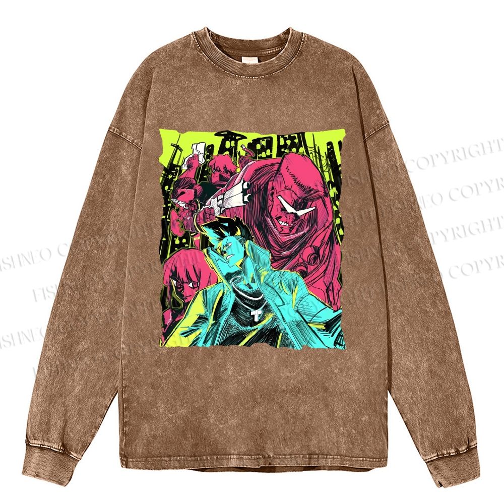 Unisex Cyberpunk: Edgerunners Casual Washed Printed Long Sleeve T-shirt