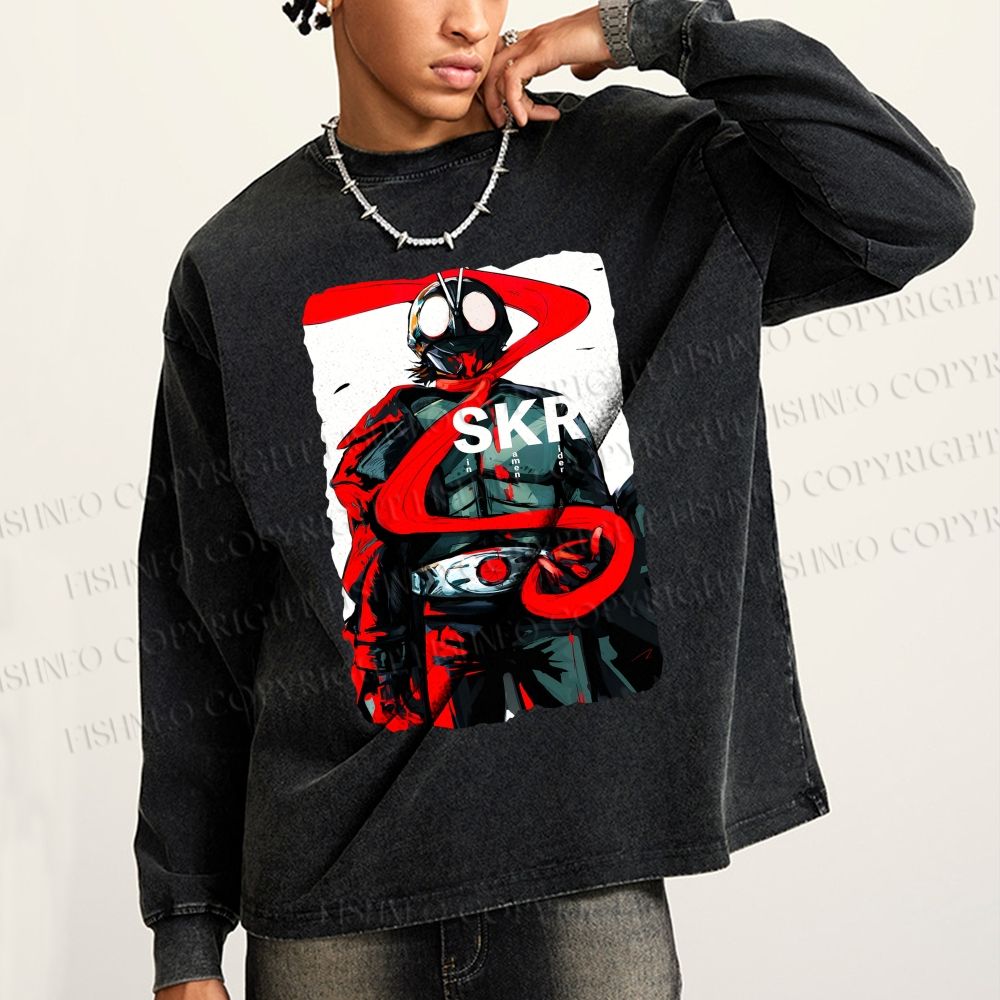 Unisex Sin Kamen Rider Casual Washed Printed Long Sleeve T-shirt