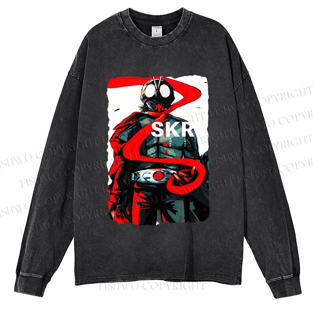 Unisex Sin Kamen Rider Casual Washed Printed Long Sleeve T-shirt