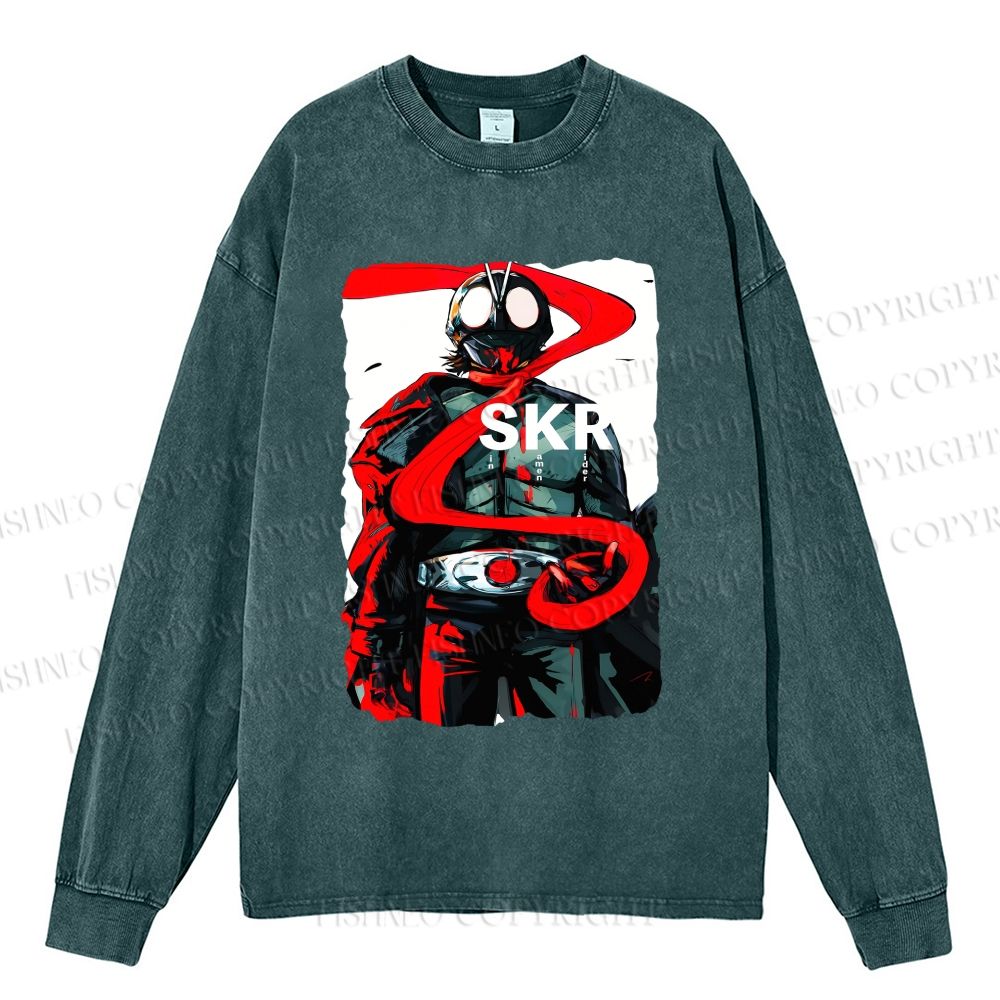 Unisex Sin Kamen Rider Casual Washed Printed Long Sleeve T-shirt