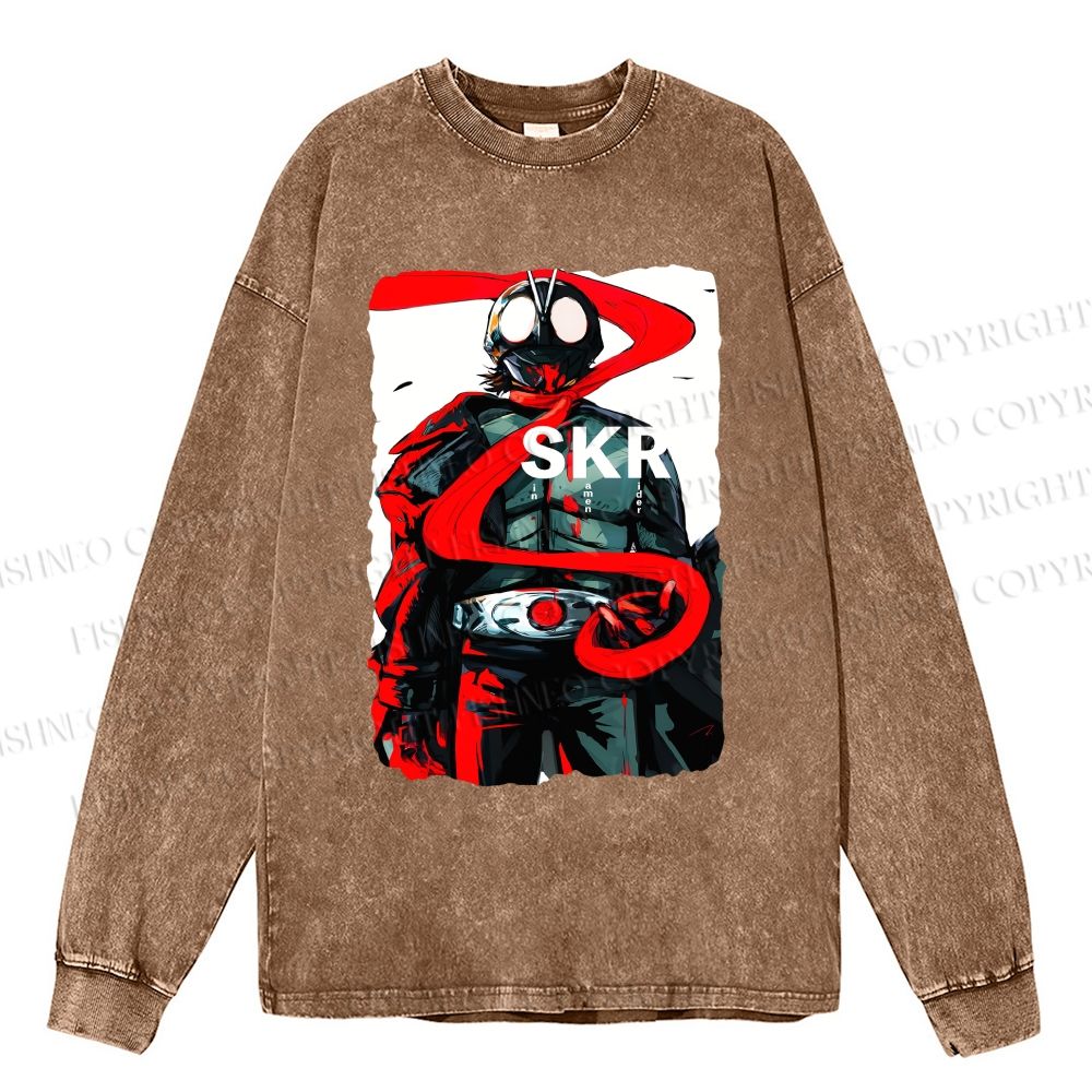 Unisex Sin Kamen Rider Casual Washed Printed Long Sleeve T-shirt