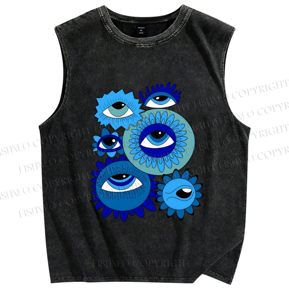 Unisex Evil Eyes in Flowers Printed Washed Tank Top