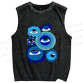 Unisex Evil Eyes in Flowers Printed Washed Tank Top