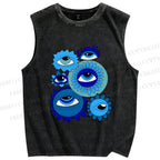 Unisex Evil Eyes in Flowers Printed Washed Tank Top