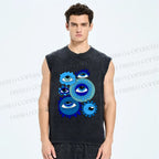 Unisex Evil Eyes in Flowers Printed Washed Tank Top