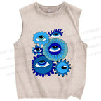 Unisex Evil Eyes in Flowers Printed Washed Tank Top